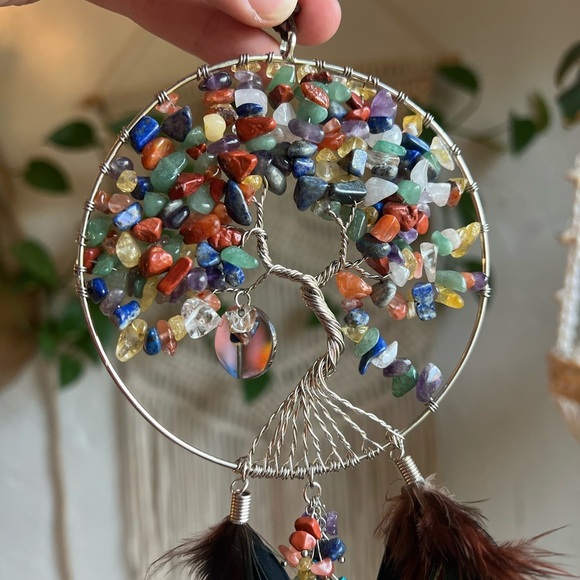 Tree of Life Dreamcatcher – Chakra Gemstone Wall Hanging with Feathers – Boho - Picture 2 of 9